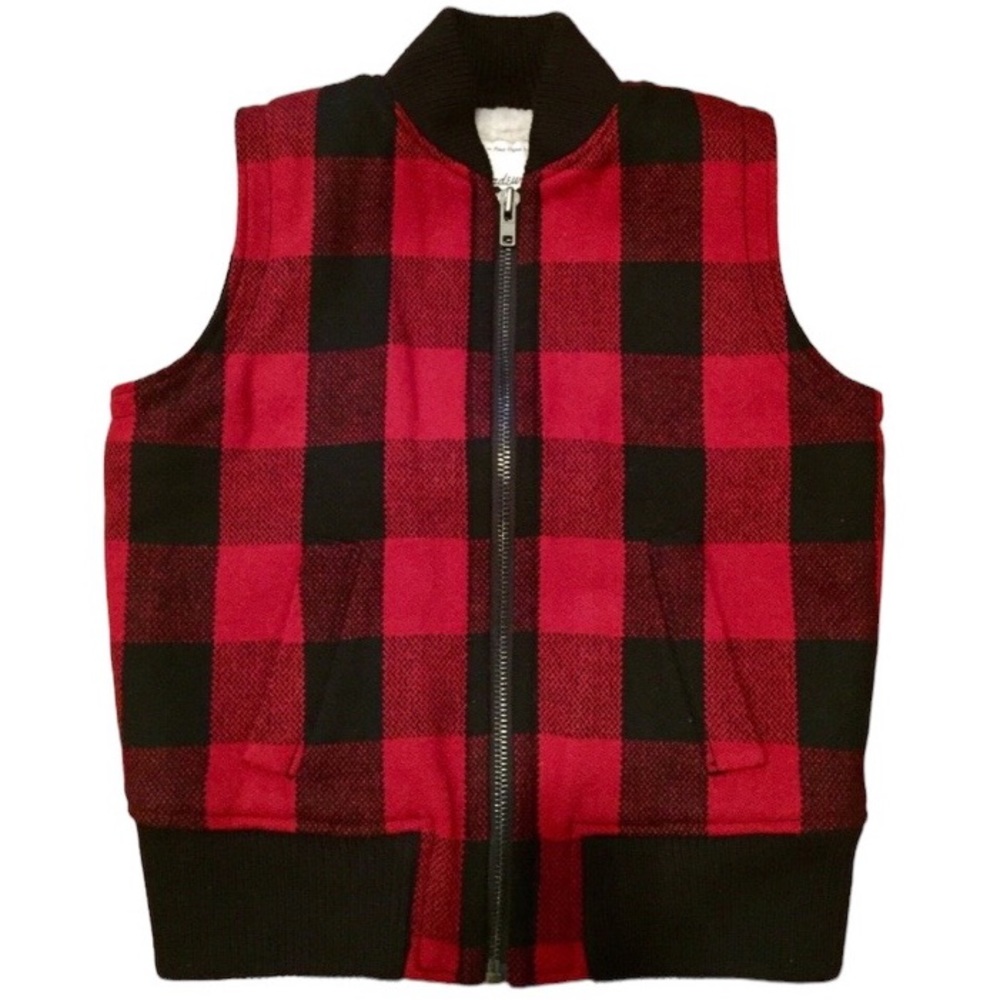 MADEWELL Buffalo Plaid Wool Faux Sherpa Lined Zippered Red/Black Vest size S